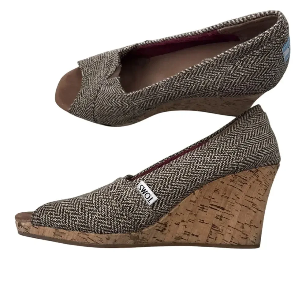 TOMS Stella Calypso Brown Metallic Herringbone Tweed Peep Toe Cork Wedge